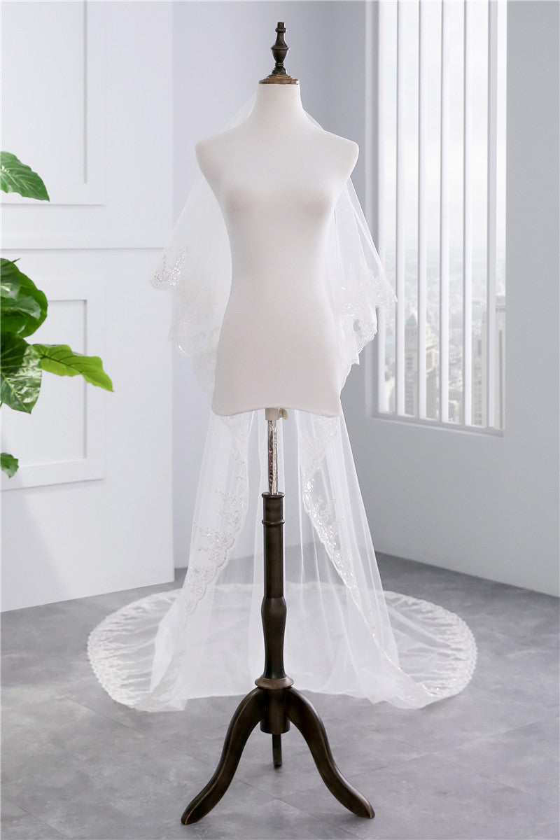 Voile de Mariée Élégant à Deux Niveaux avec Paillettes