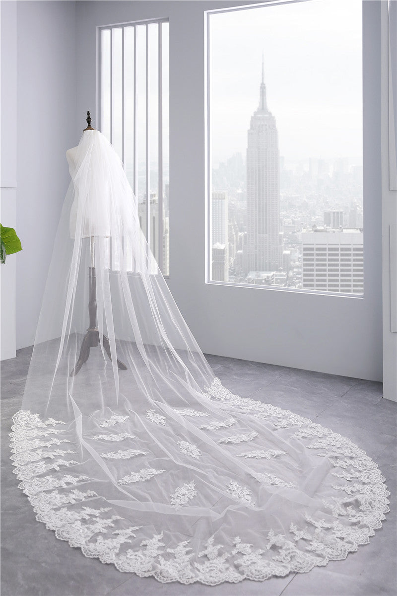 Voile de Mariée en Dentelle à Deux Niveaux avec Appliques