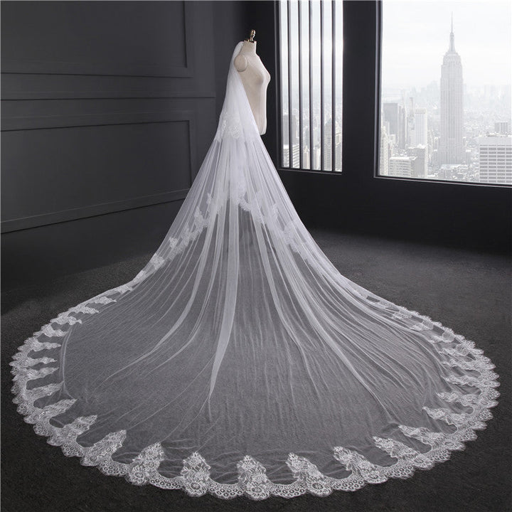 Voile de Mariage en Dentelle à Un Niveau Extra Large de 3 M de Long avec Appliques