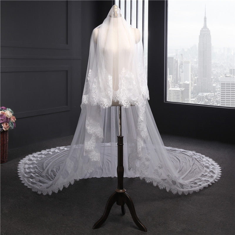 Voile de Mariage en Dentelle à Un Niveau Extra Large de 3 M de Long avec Appliques