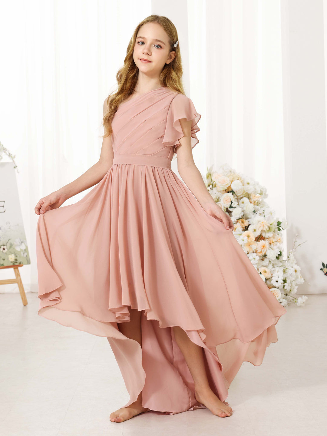 Robes de Demoiselle D'Honneur Asymétriques en Mousseline de Soie à Manches Courtes et à Une Épaule
