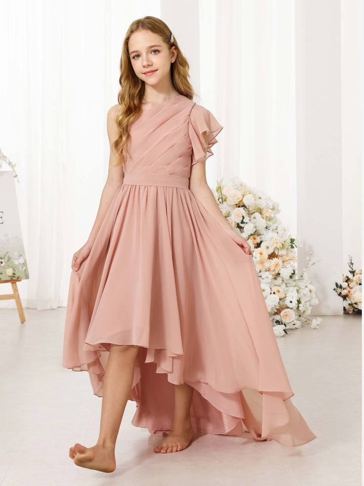 Robes de Demoiselle D'Honneur Asymétriques en Mousseline de Soie à Manches Courtes et à Une Épaule