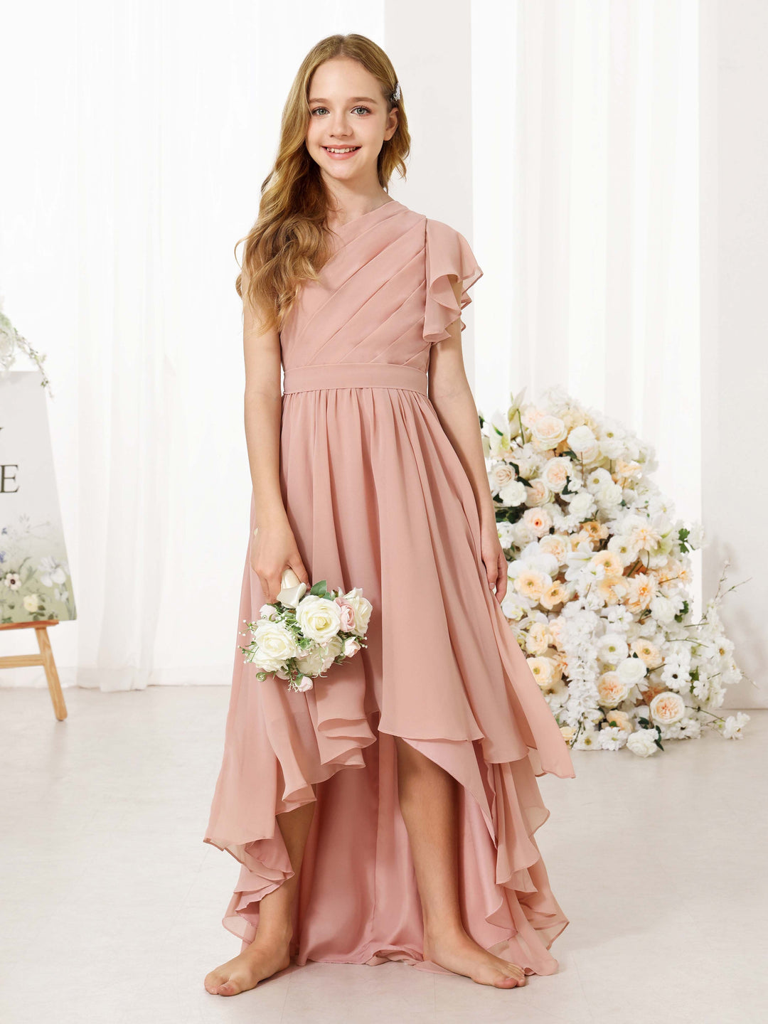 Robes de Demoiselle D'Honneur Asymétriques en Mousseline de Soie à Manches Courtes et à Une Épaule