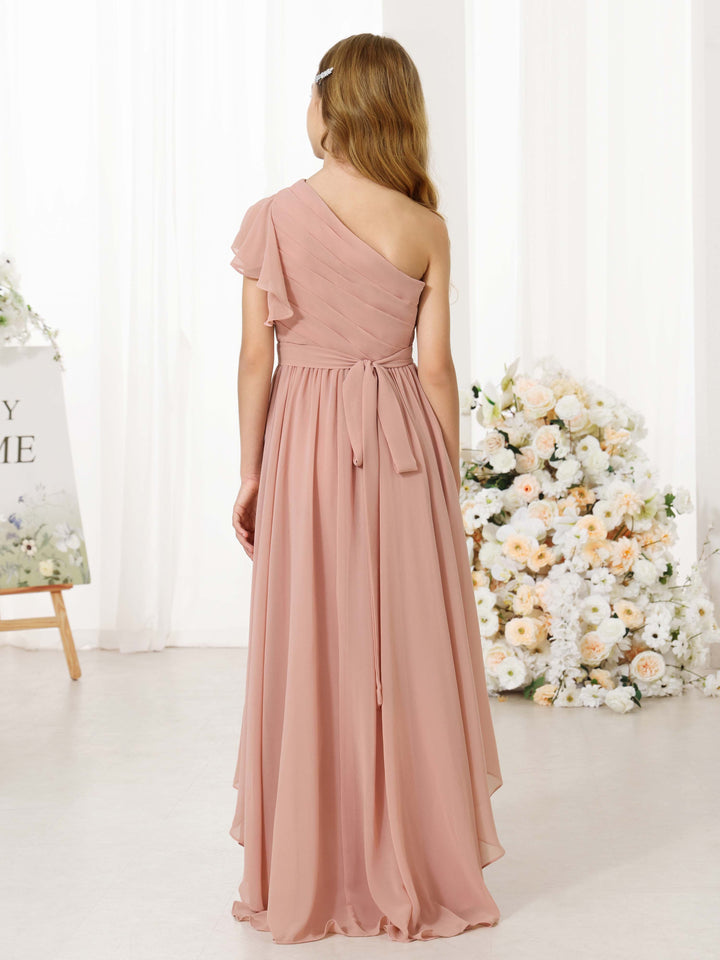 Robes de Demoiselle D'Honneur Asymétriques en Mousseline de Soie à Manches Courtes et à Une Épaule