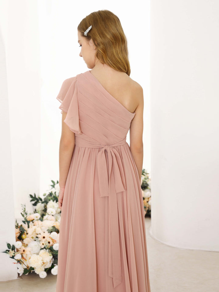 Robes de Demoiselle D'Honneur Asymétriques en Mousseline de Soie à Manches Courtes et à Une Épaule