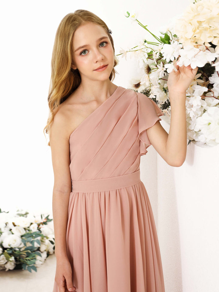 Robes de Demoiselle D'Honneur Asymétriques en Mousseline de Soie à Manches Courtes et à Une Épaule