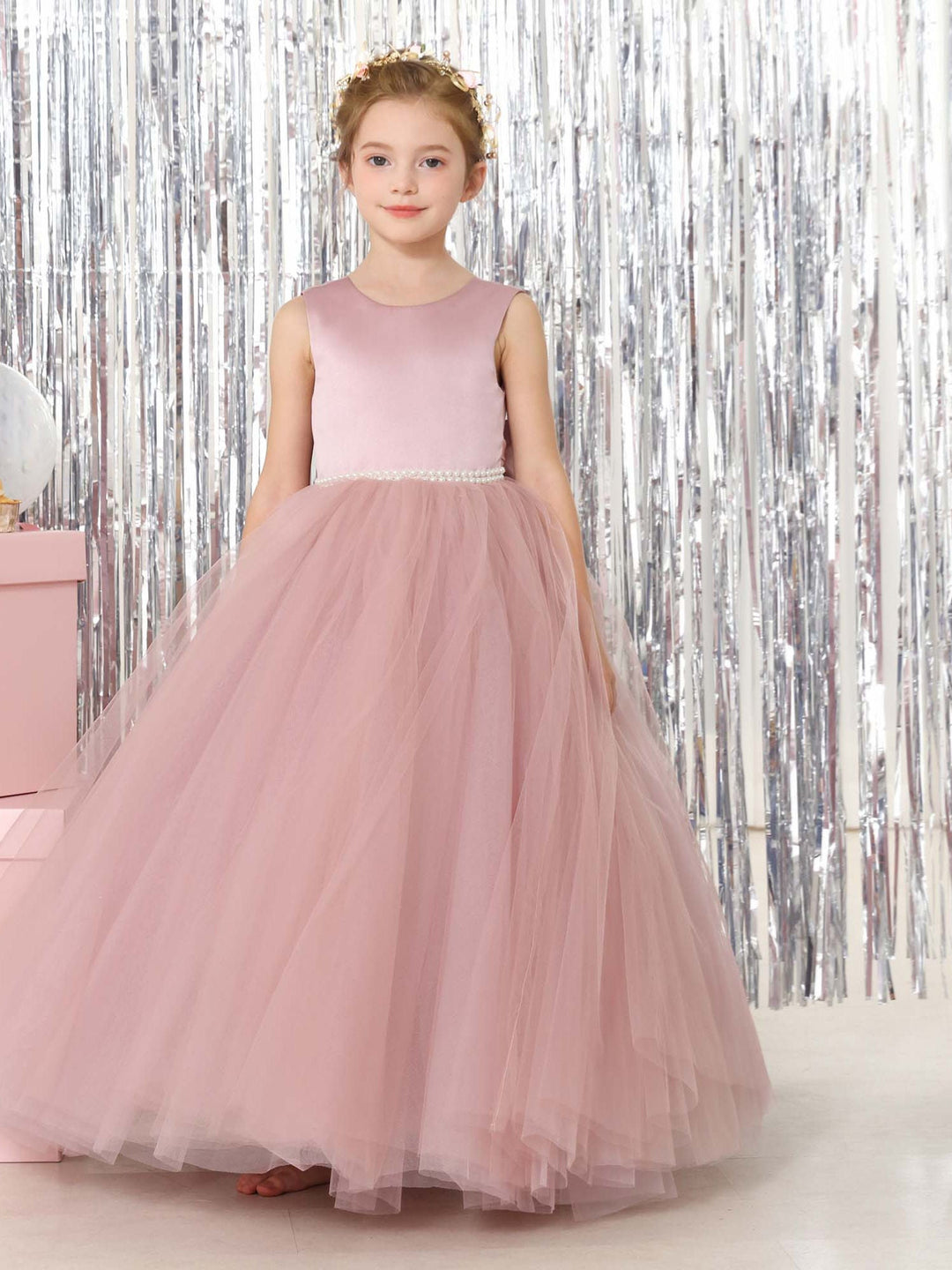 Robe de Bal en Tulle et Satin Sans Manches, Col Rond, Longueur Au Sol, Robes de Demoiselle D'Honneur