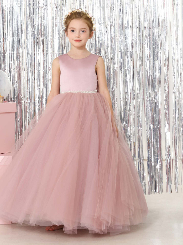 Robe de Bal en Tulle et Satin Sans Manches, Col Rond, Longueur Au Sol, Robes de Demoiselle D'Honneur