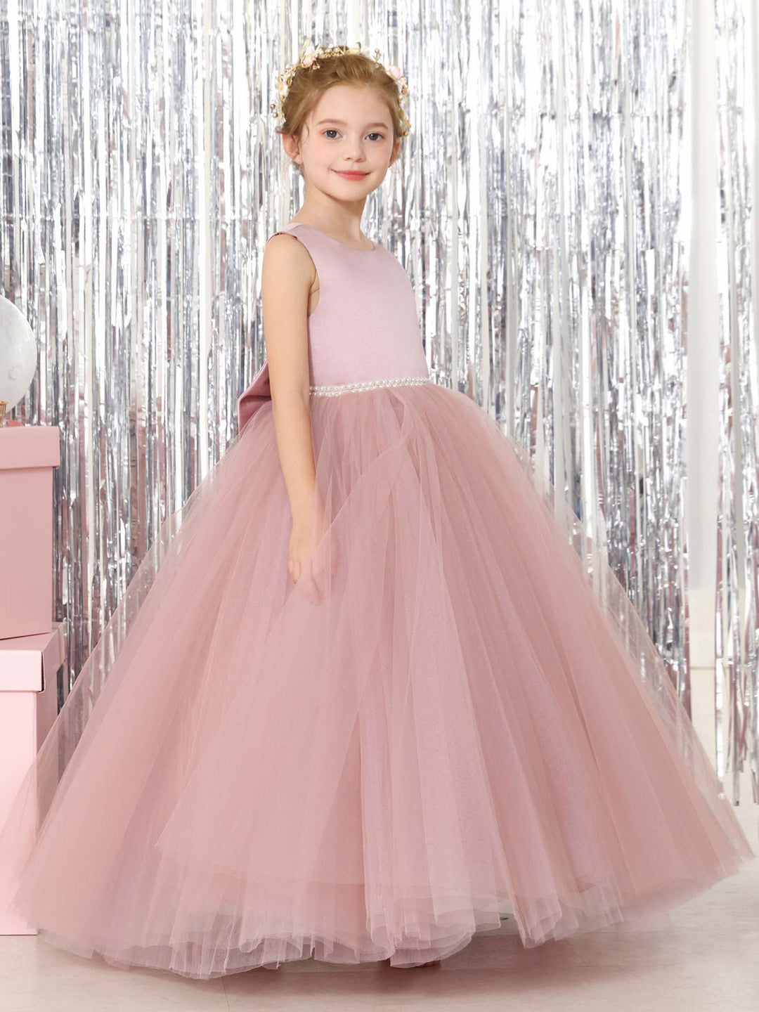 Robe de Bal en Tulle et Satin Sans Manches, Col Rond, Longueur Au Sol, Robes de Demoiselle D'Honneur