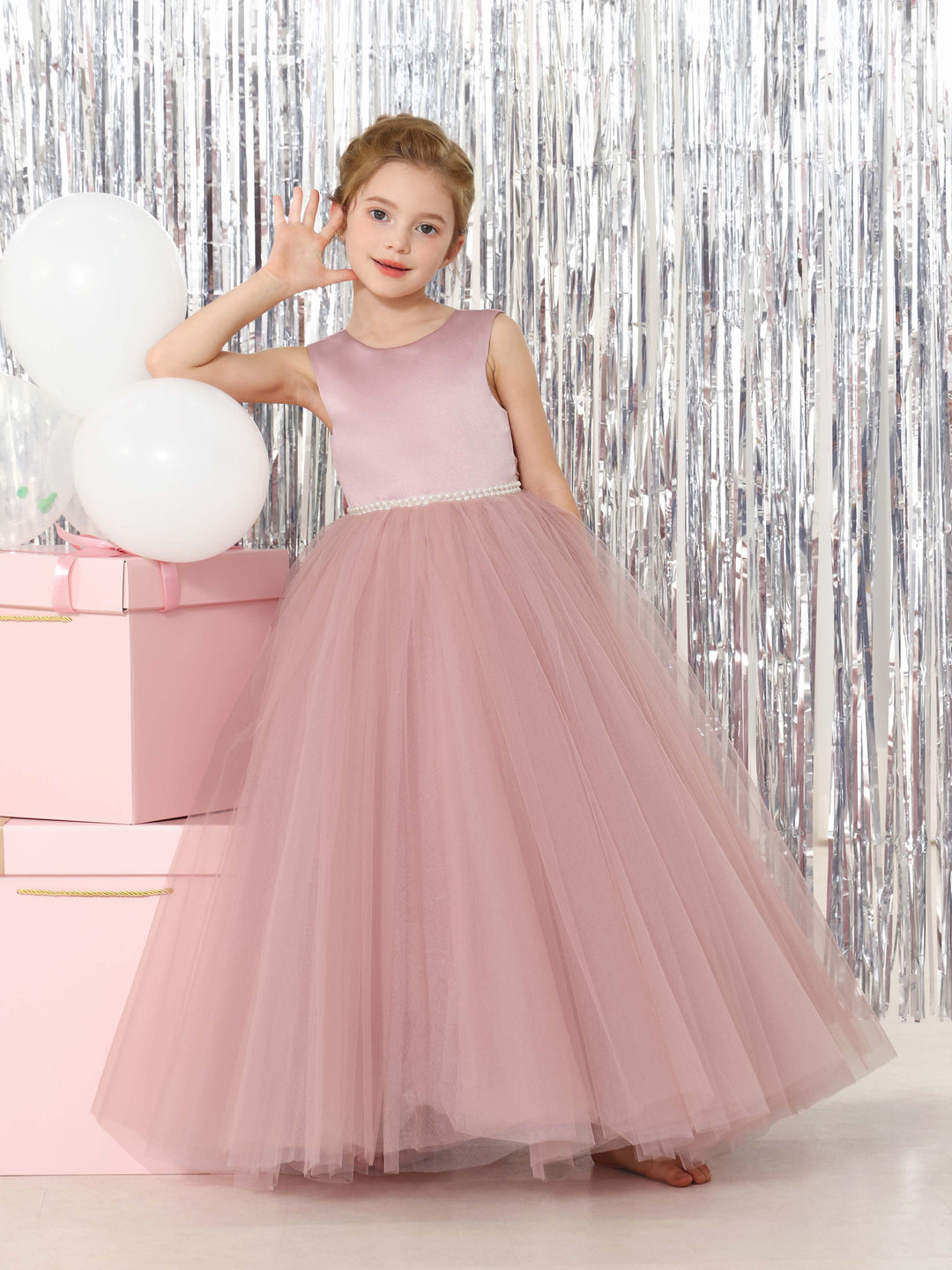 Robe de Bal en Tulle et Satin Sans Manches, Col Rond, Longueur Au Sol, Robes de Demoiselle D'Honneur
