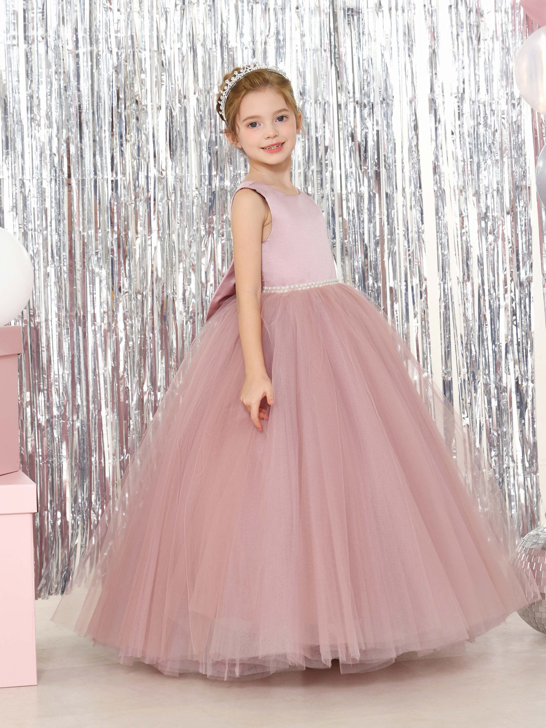 Robe de Bal en Tulle et Satin Sans Manches, Col Rond, Longueur Au Sol, Robes de Demoiselle D'Honneur