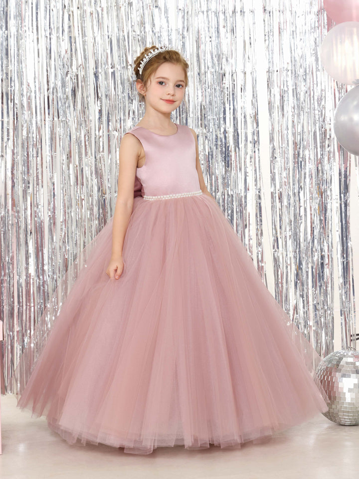 Robe de Bal en Tulle et Satin Sans Manches, Col Rond, Longueur Au Sol, Robes de Demoiselle D'Honneur