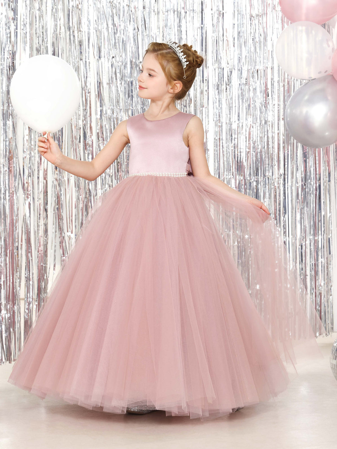 Robe de Bal en Tulle et Satin Sans Manches, Col Rond, Longueur Au Sol, Robes de Demoiselle D'Honneur