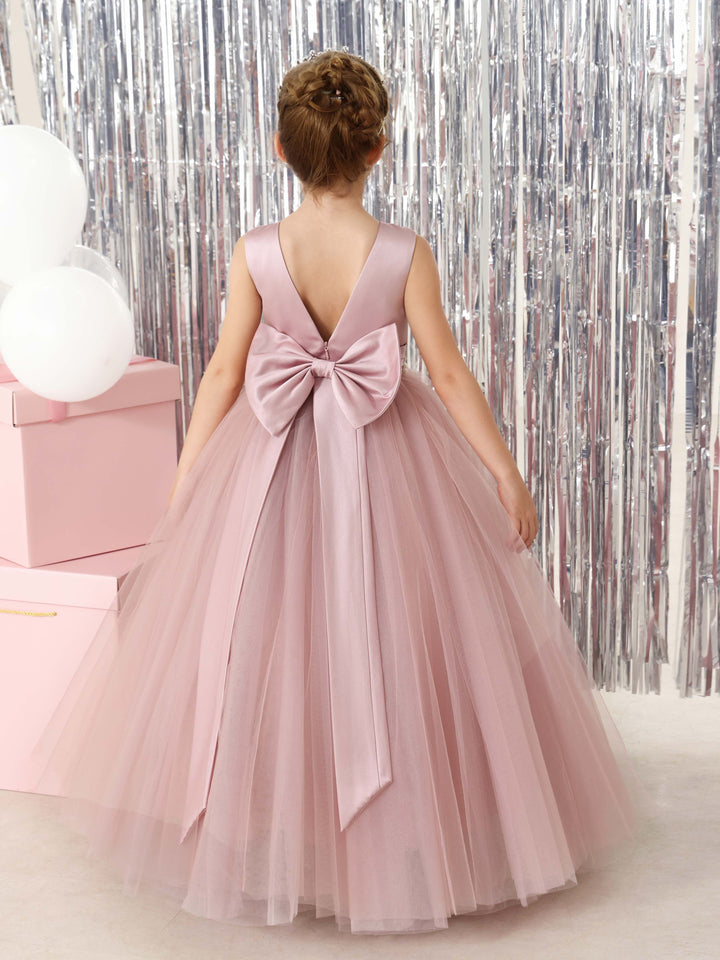 Robe de Bal en Tulle et Satin Sans Manches, Col Rond, Longueur Au Sol, Robes de Demoiselle D'Honneur