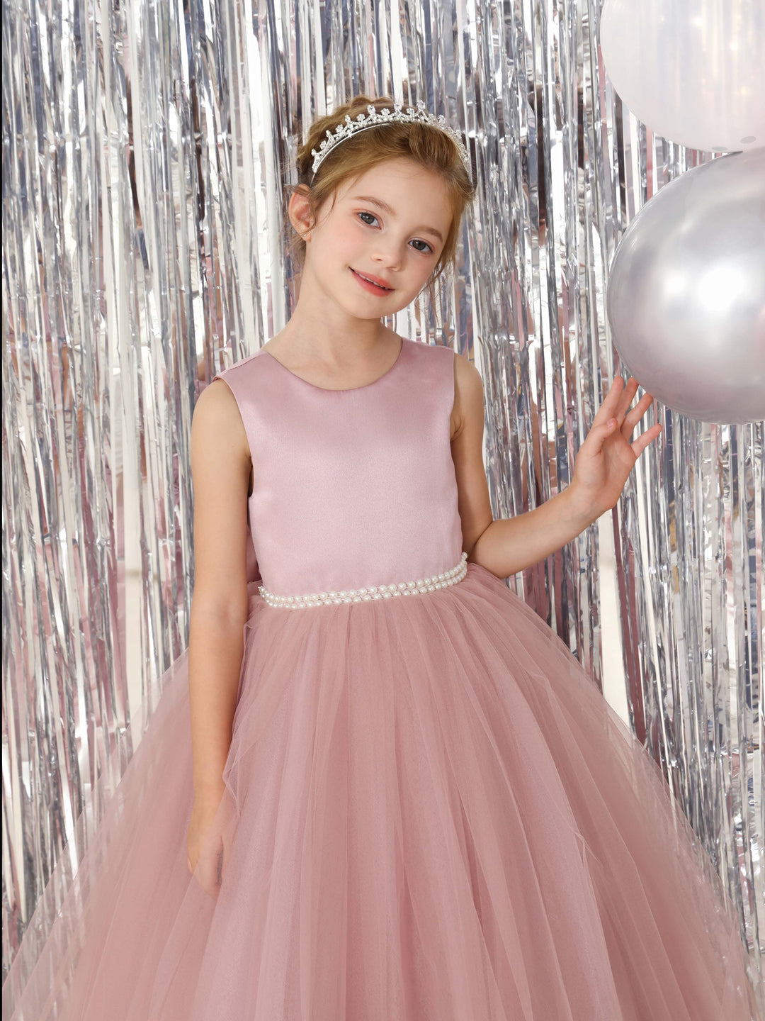 Robe de Bal en Tulle et Satin Sans Manches, Col Rond, Longueur Au Sol, Robes de Demoiselle D'Honneur