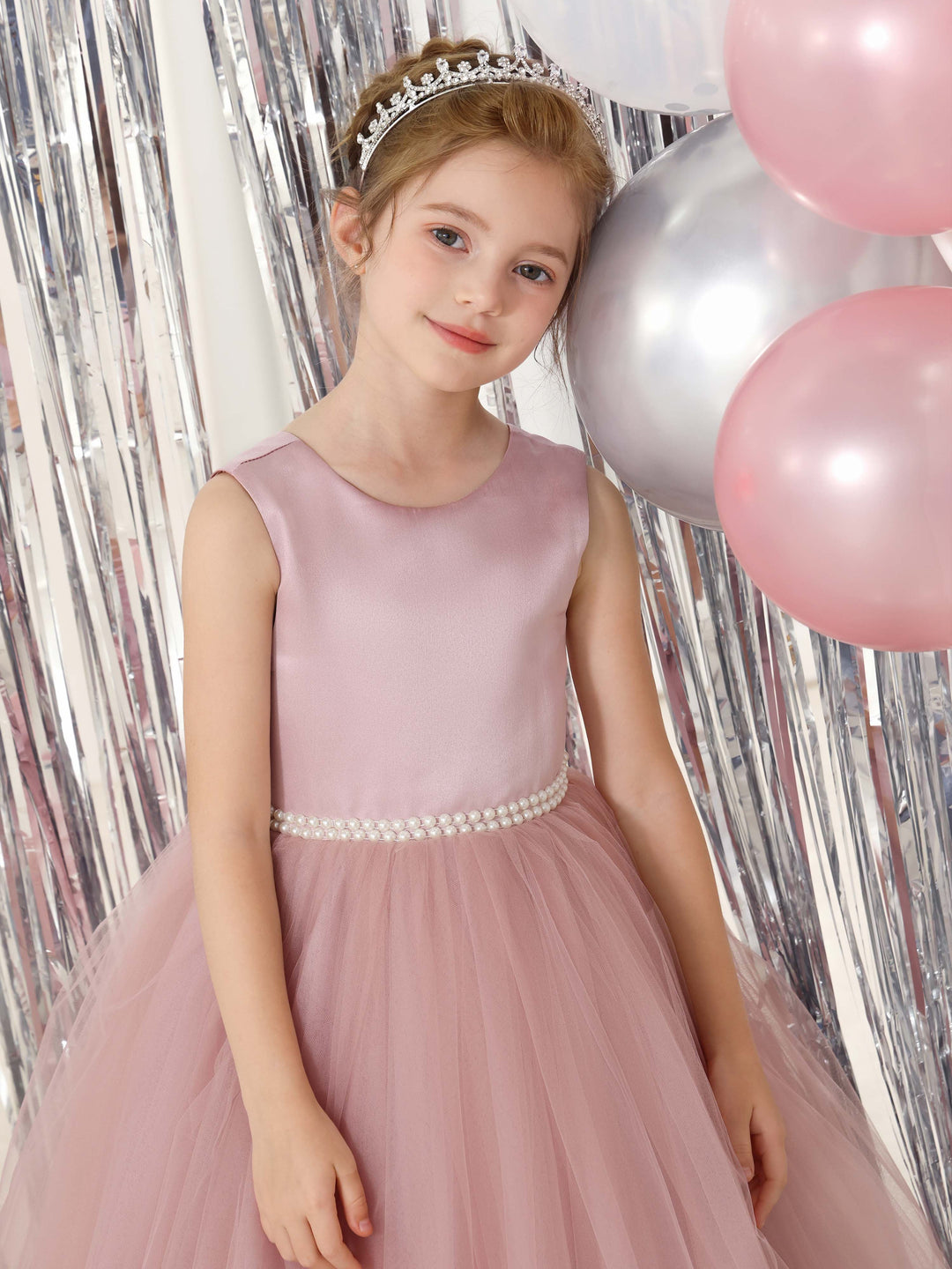 Robe de Bal en Tulle et Satin Sans Manches, Col Rond, Longueur Au Sol, Robes de Demoiselle D'Honneur