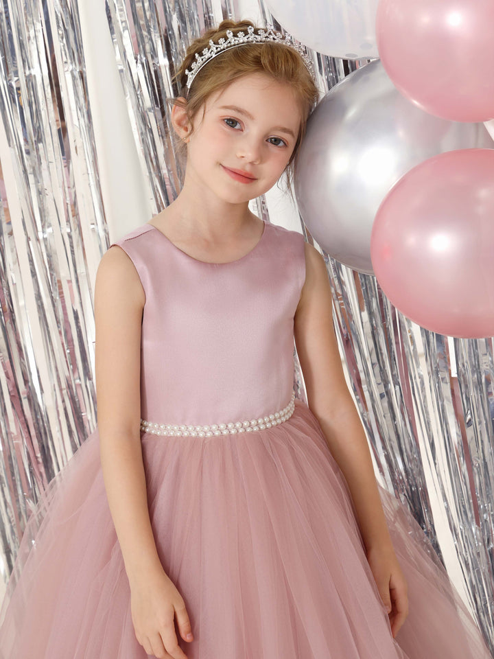 Robe de Bal en Tulle et Satin Sans Manches, Col Rond, Longueur Au Sol, Robes de Demoiselle D'Honneur