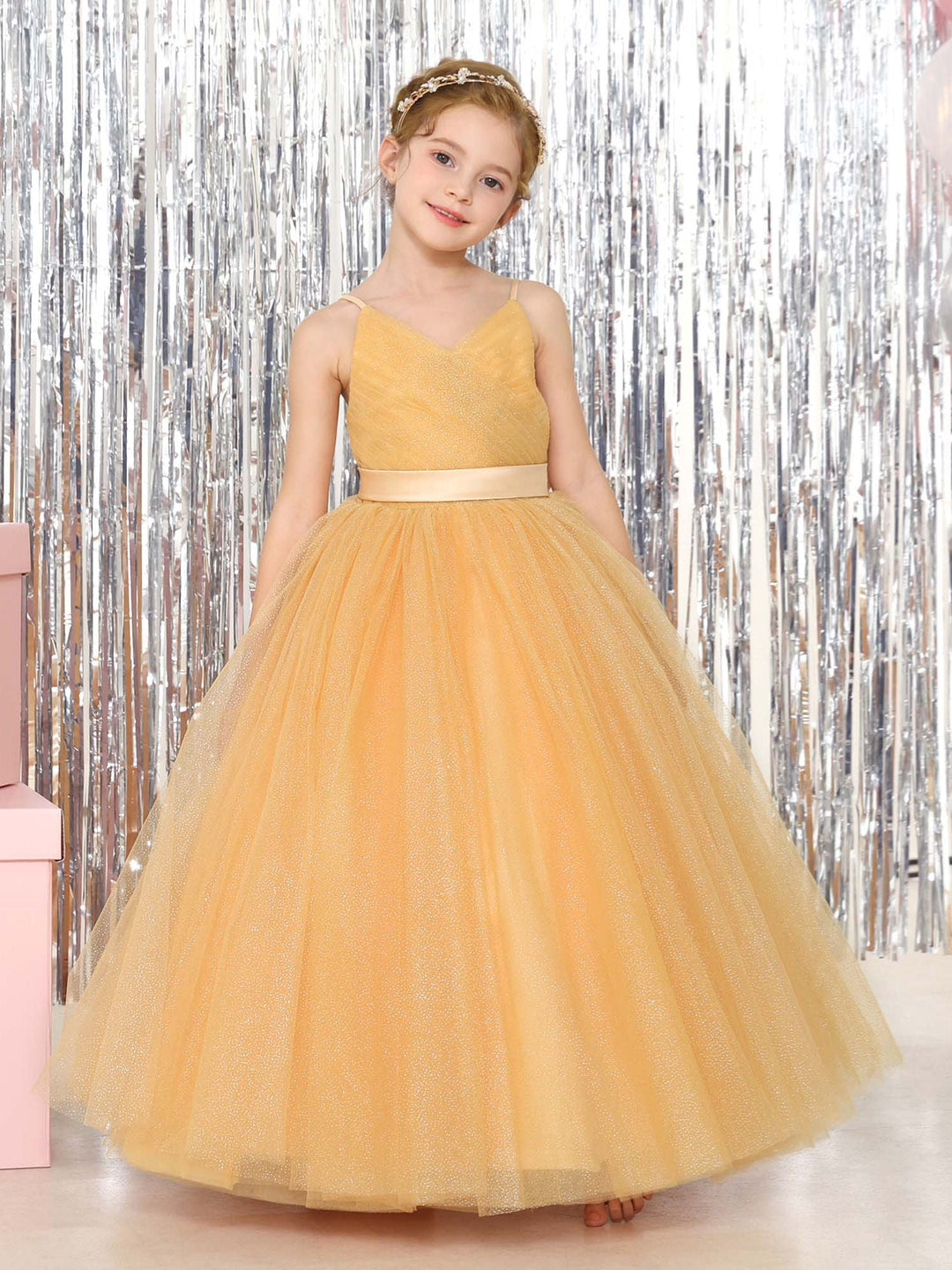 Robe de Bal en Tulle Sans Manches, Col en V, Longueur Au Sol, Robes de Demoiselle D'Honneur