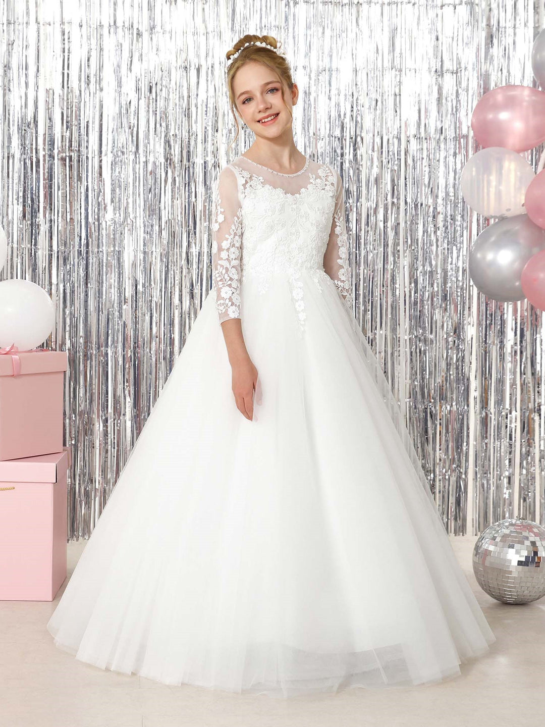 Robe de Bal à Manches 3/4 et Col Rond, Longueur Au Sol, pour Demoiselle D'Honneur