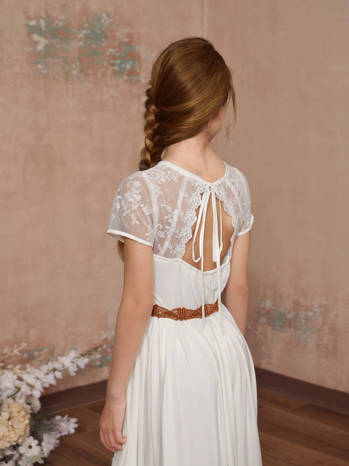 Robe de Demoiselle D'Honneur en Dentelle à Manches Courtes et Col Rond, Coupe A-Line/Princess, Longueur Au Sol