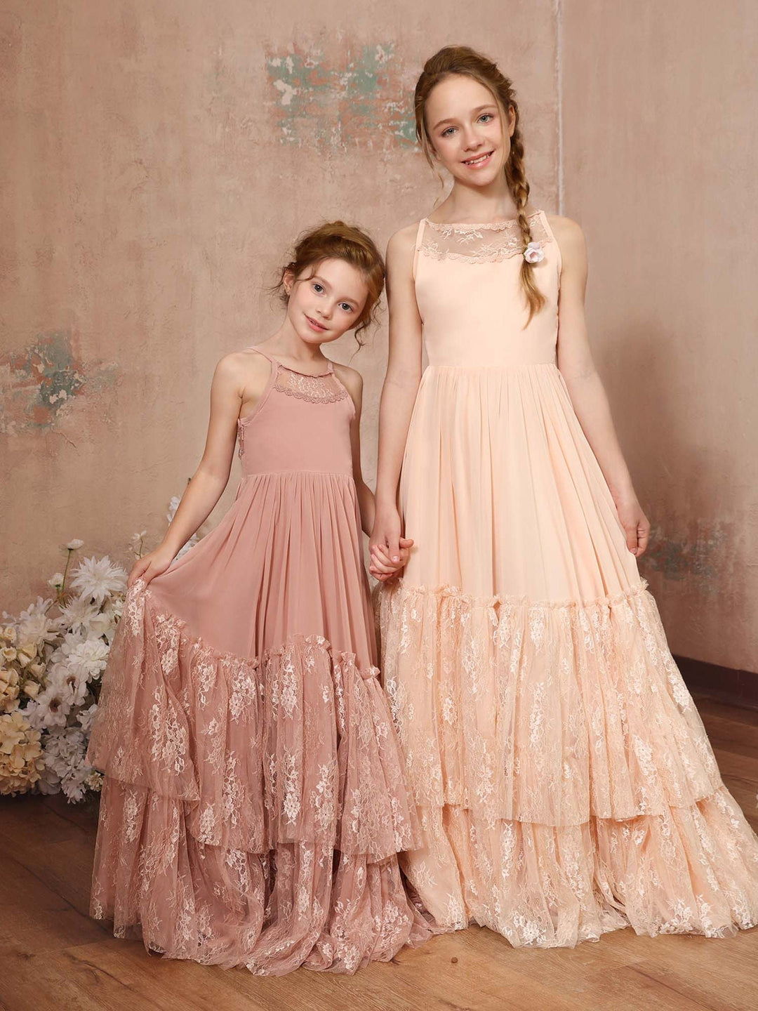 Robe de Demoiselle D'Honneur en Mousseline de Soie, Coupe A-Line/Princesse, Sans Manches, Col Rond, Longueur Au Sol