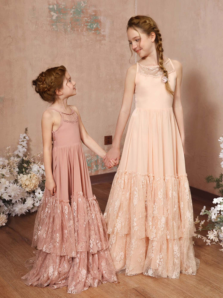 Robe de Demoiselle D'Honneur en Mousseline de Soie, Coupe A-Line/Princesse, Sans Manches, Col Rond, Longueur Au Sol