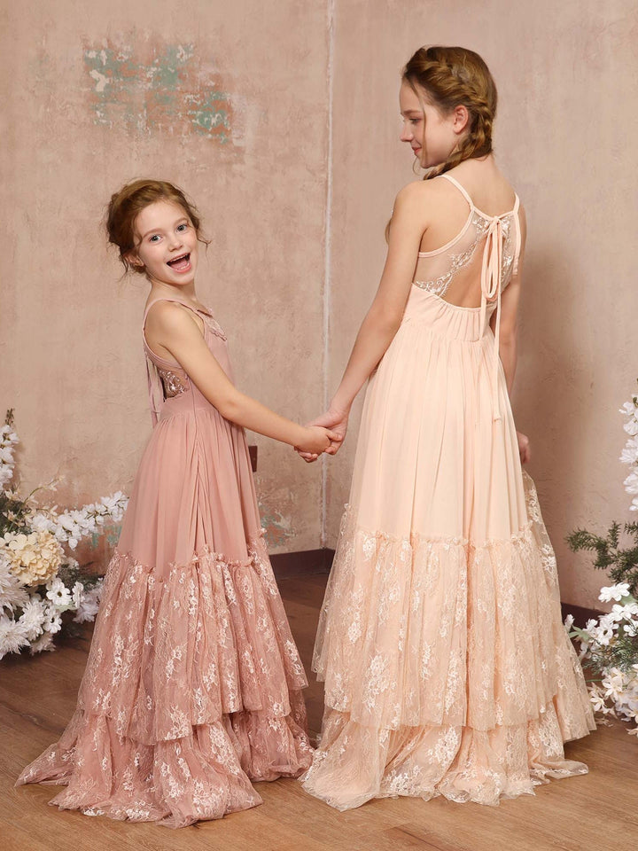 Robe de Demoiselle D'Honneur en Mousseline de Soie, Coupe A-Line/Princesse, Sans Manches, Col Rond, Longueur Au Sol