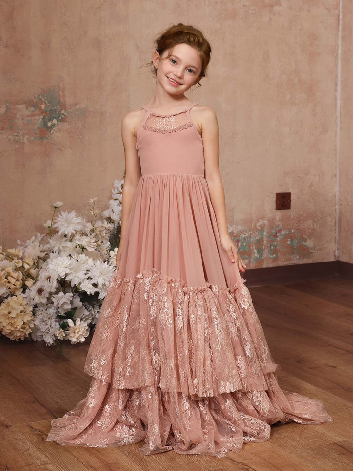 Robe de Demoiselle D'Honneur en Mousseline de Soie, Coupe A-Line/Princesse, Sans Manches, Col Rond, Longueur Au Sol