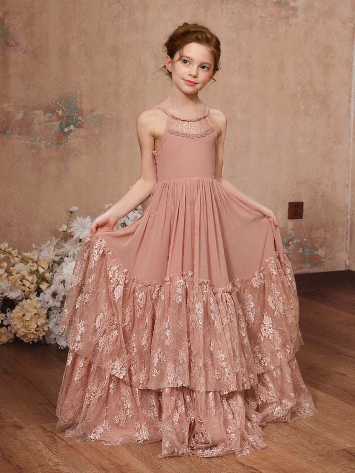 Robe de Demoiselle D'Honneur en Mousseline de Soie, Coupe A-Line/Princesse, Sans Manches, Col Rond, Longueur Au Sol