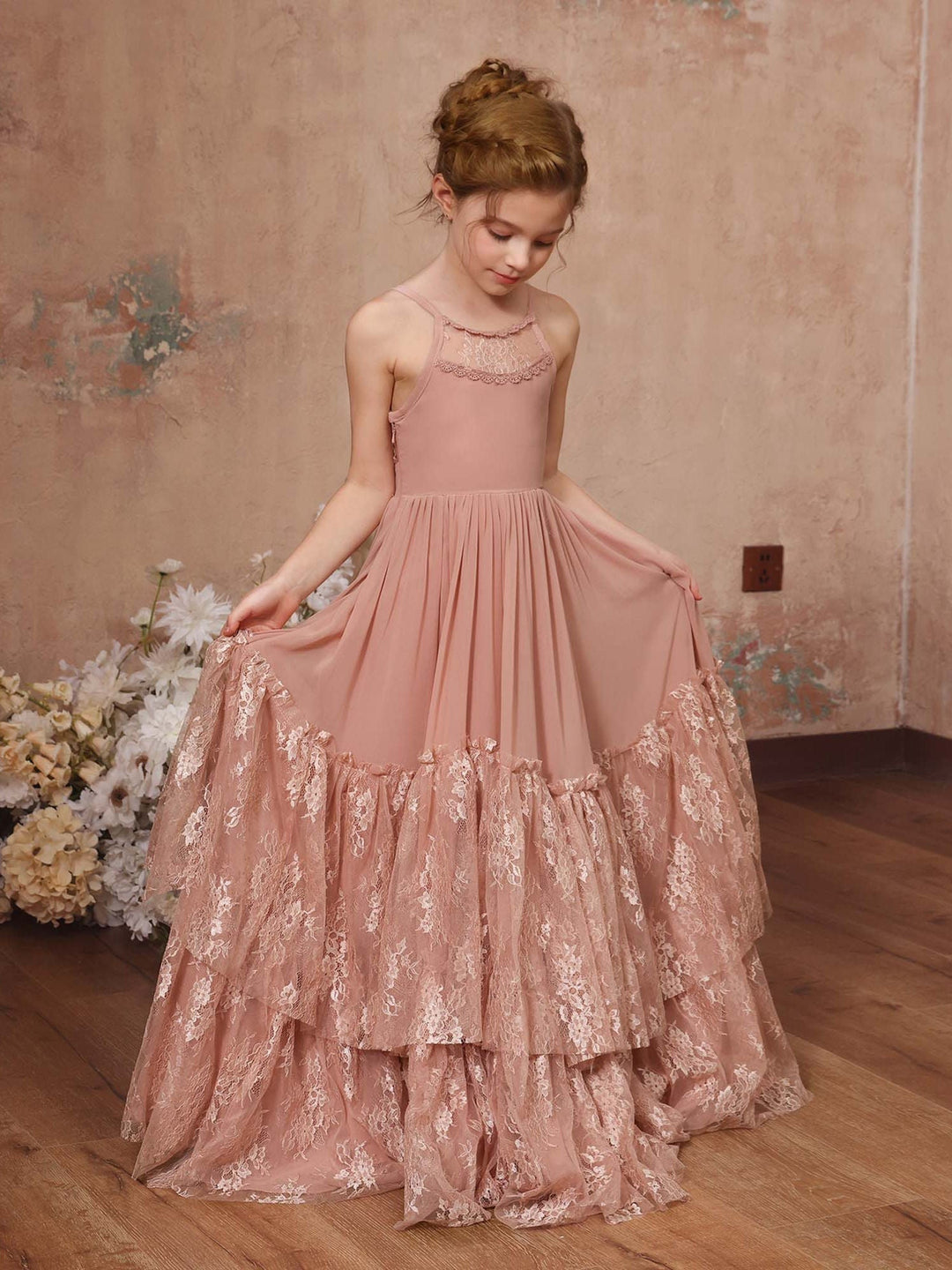 Robe de Demoiselle D'Honneur en Mousseline de Soie, Coupe A-Line/Princesse, Sans Manches, Col Rond, Longueur Au Sol