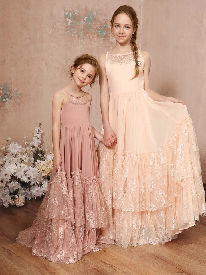 Robe de Demoiselle D'Honneur en Mousseline de Soie, Coupe A-Line/Princesse, Sans Manches, Col Rond, Longueur Au Sol