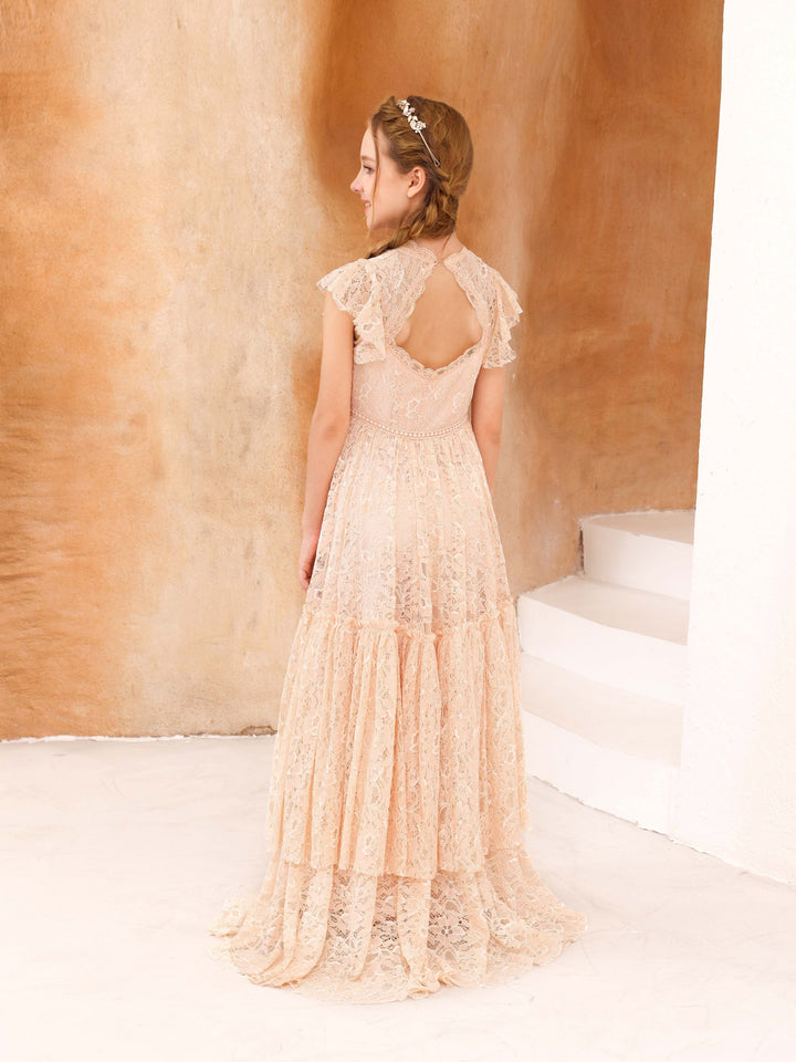 Robe de Demoiselle D'Honneur en Dentelle à Manches Courtes et Col Rond, Coupe A-Line/Princess, Longueur Au Sol