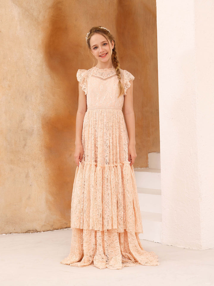 Robe de Demoiselle D'Honneur en Dentelle à Manches Courtes et Col Rond, Coupe A-Line/Princess, Longueur Au Sol