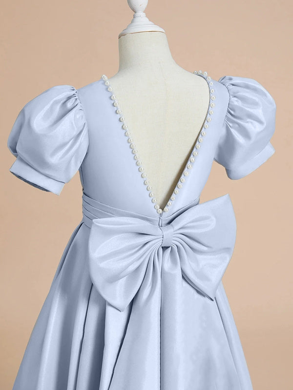 Ligne A/Princesse Satin Manches Courtes La Longueur du Sol Perles Bow(s) Robes Fille