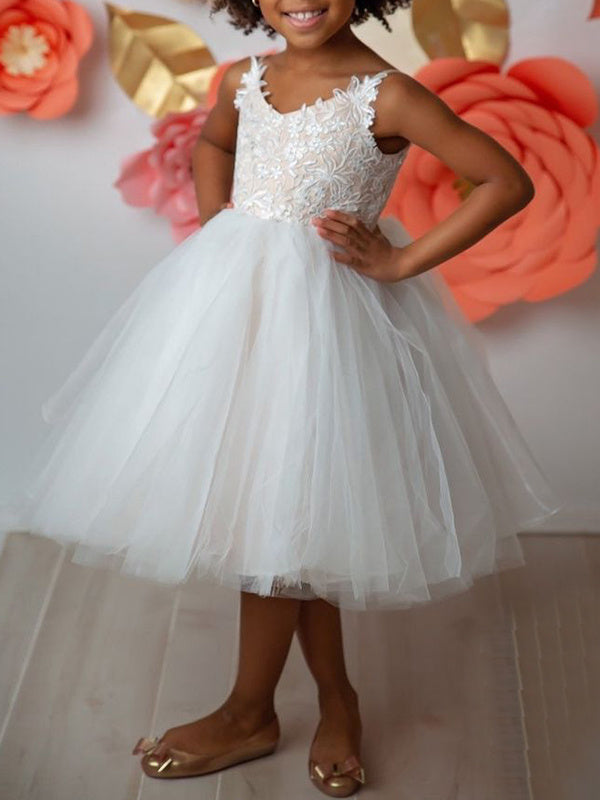 Robe de Bal en Tulle et Dentelle, Col en V, Sans Manches, Longueur Thé, Appliques, Robes de Demoiselle D'Honneur en Dentelle