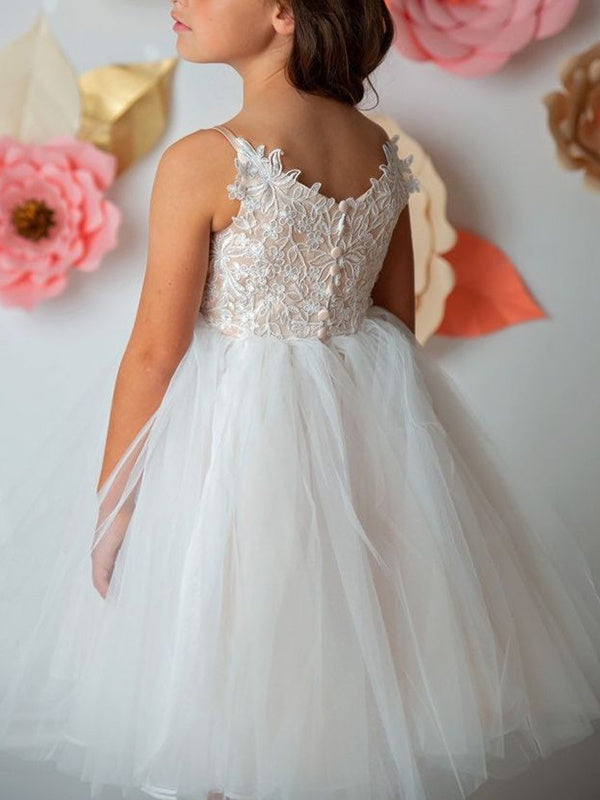 Robe de Bal en Tulle et Dentelle, Col en V, Sans Manches, Longueur Thé, Appliques, Robes de Demoiselle D'Honneur en Dentelle