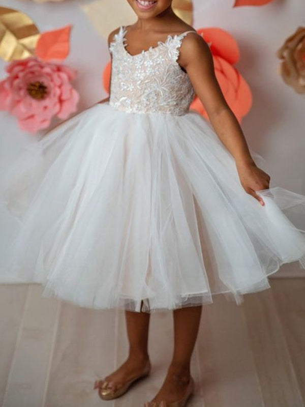 Robe de Bal en Tulle et Dentelle, Col en V, Sans Manches, Longueur Thé, Appliques, Robes de Demoiselle D'Honneur en Dentelle