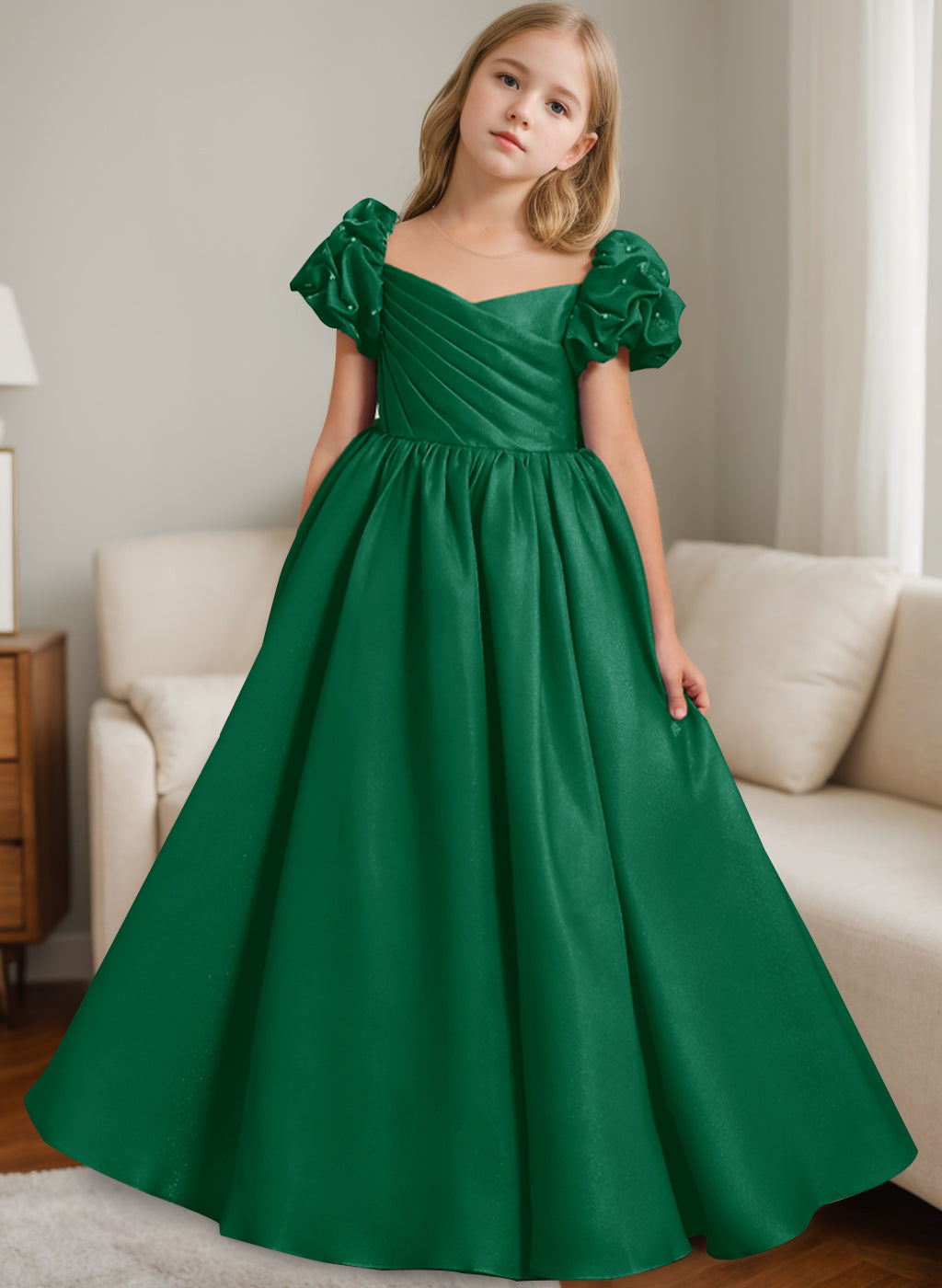 Robe de Demoiselle D'Honneur Trapèze/Princesse à Encolure Dégagée et Manches Courtes, Longueur Au Sol, avec Volants