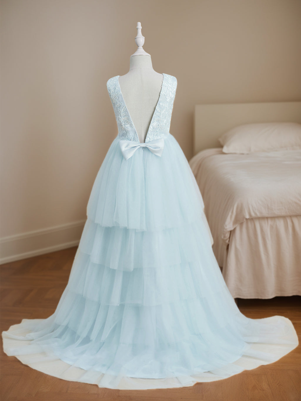 Robe de Bal Asymétrique à Col Rond et Sans Manches pour Demoiselle D'Honneur avec Nœud