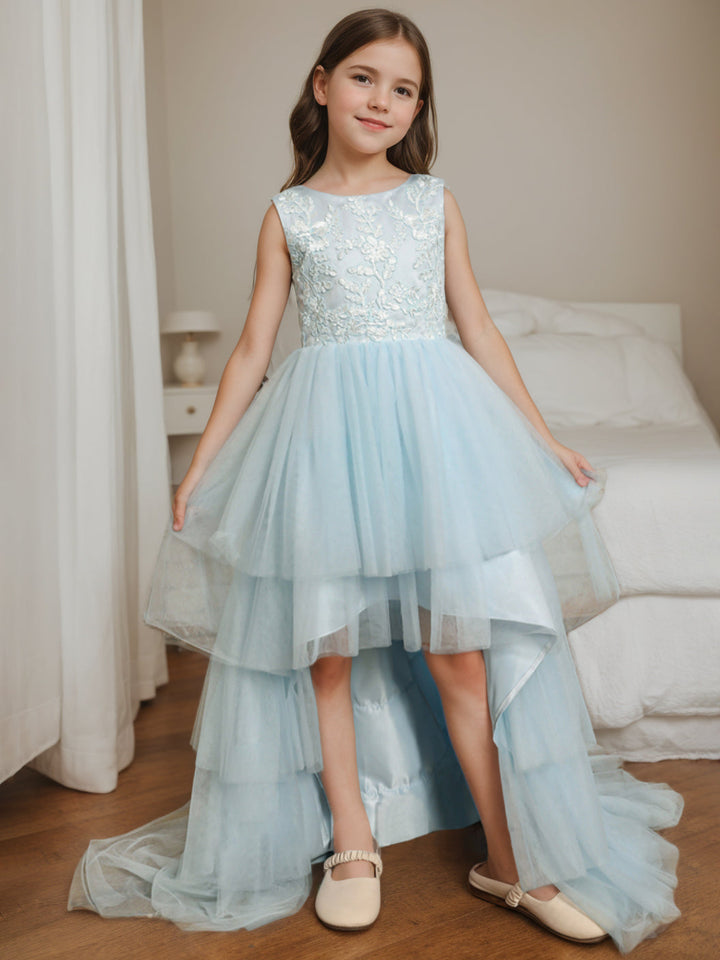 Robe de Bal Asymétrique à Col Rond et Sans Manches pour Demoiselle D'Honneur avec Nœud