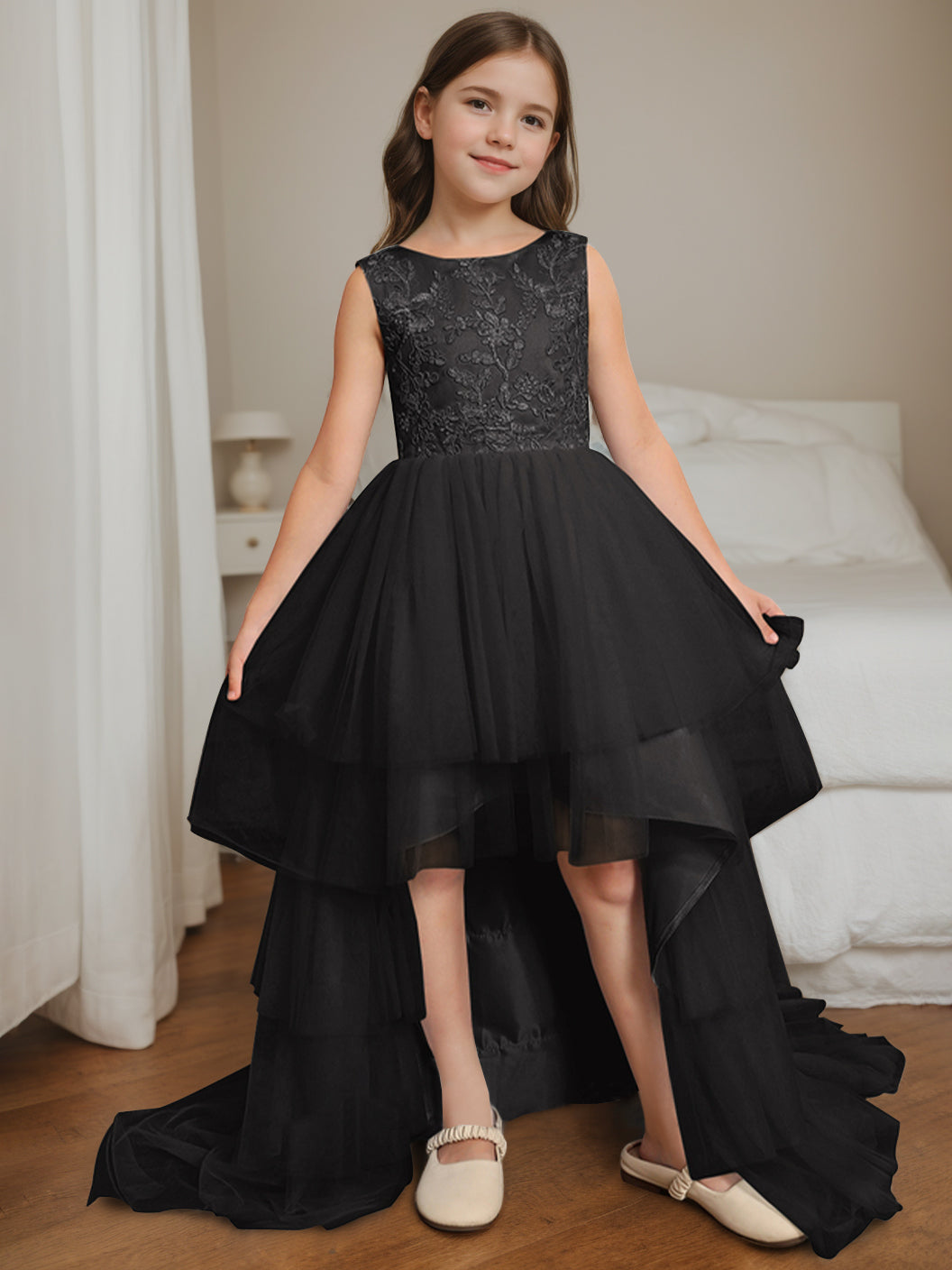 Robe de Bal Asymétrique à Col Rond et Sans Manches pour Demoiselle D'Honneur avec Nœud