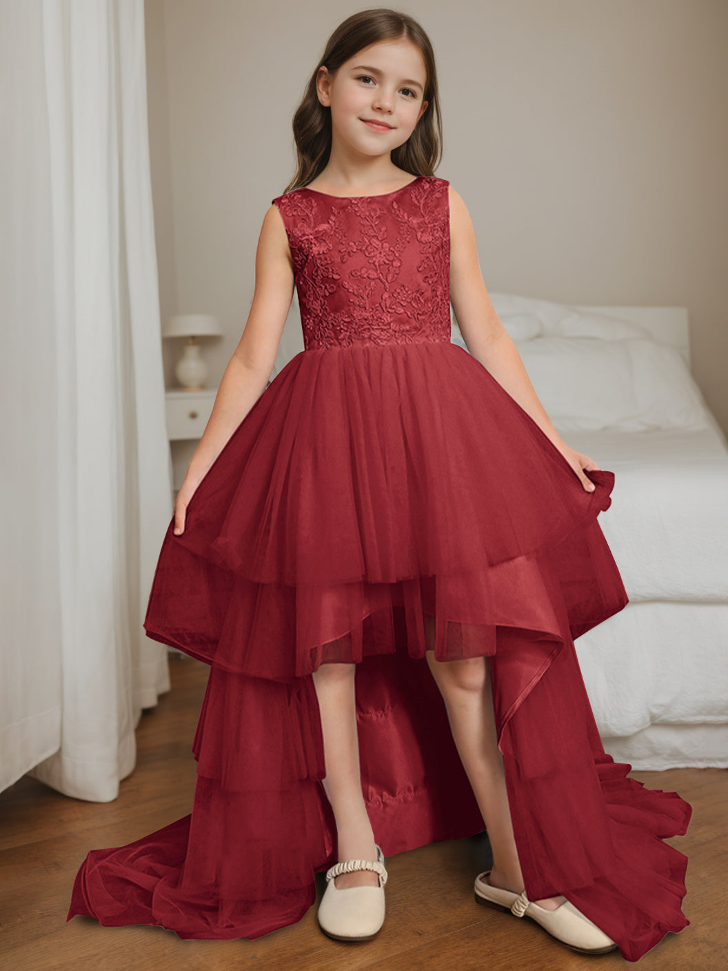 Robe de Bal Asymétrique à Col Rond et Sans Manches pour Demoiselle D'Honneur avec Nœud