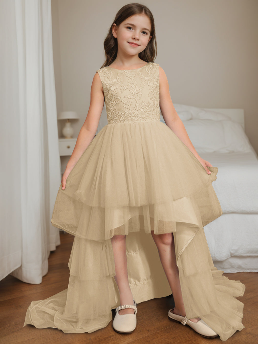 Robe de Bal Asymétrique à Col Rond et Sans Manches pour Demoiselle D'Honneur avec Nœud