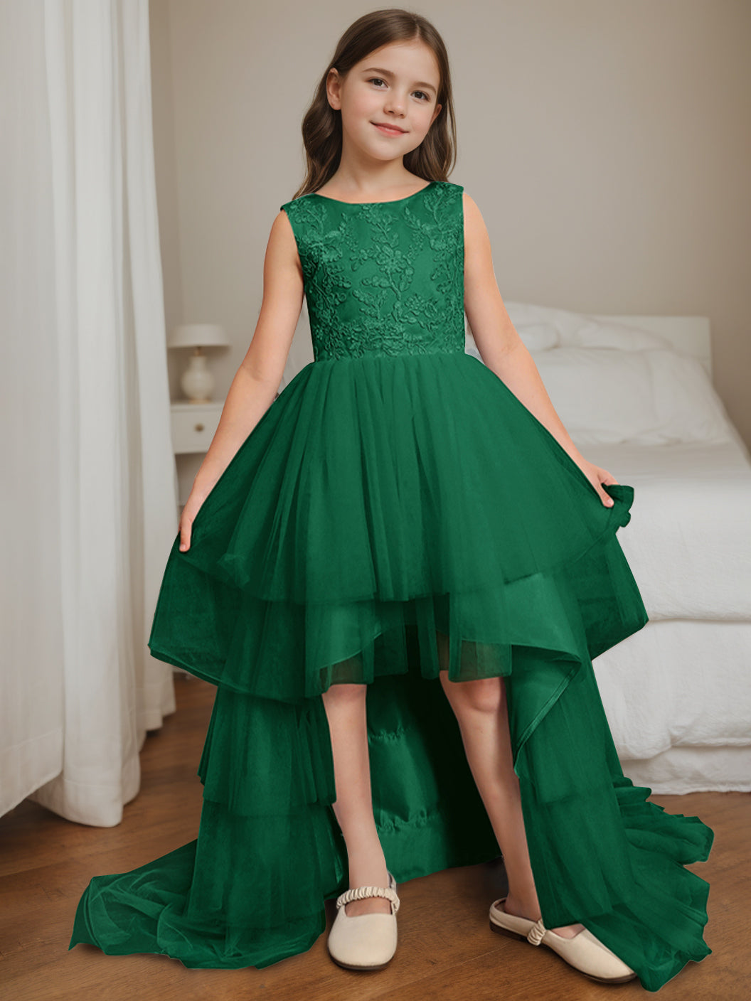 Robe de Bal Asymétrique à Col Rond et Sans Manches pour Demoiselle D'Honneur avec Nœud