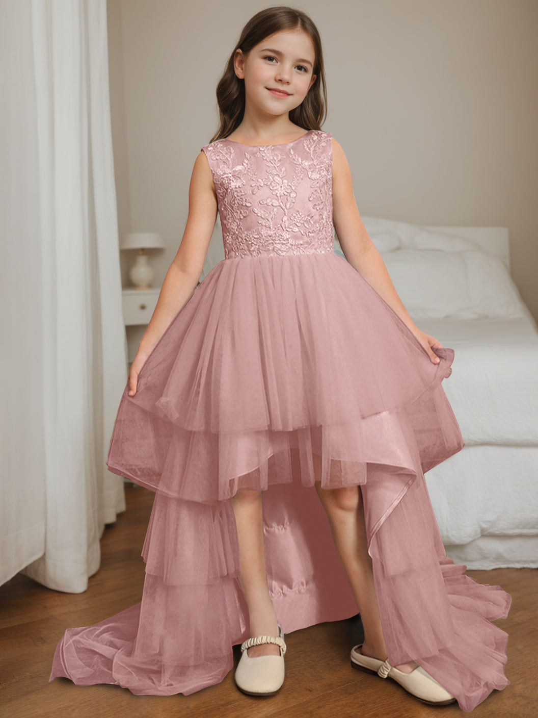 Robe de Bal Asymétrique à Col Rond et Sans Manches pour Demoiselle D'Honneur avec Nœud