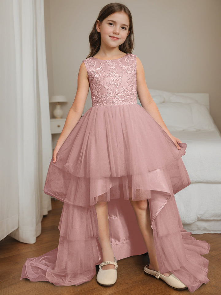 Robe de Bal Asymétrique à Col Rond et Sans Manches pour Demoiselle D'Honneur avec Nœud
