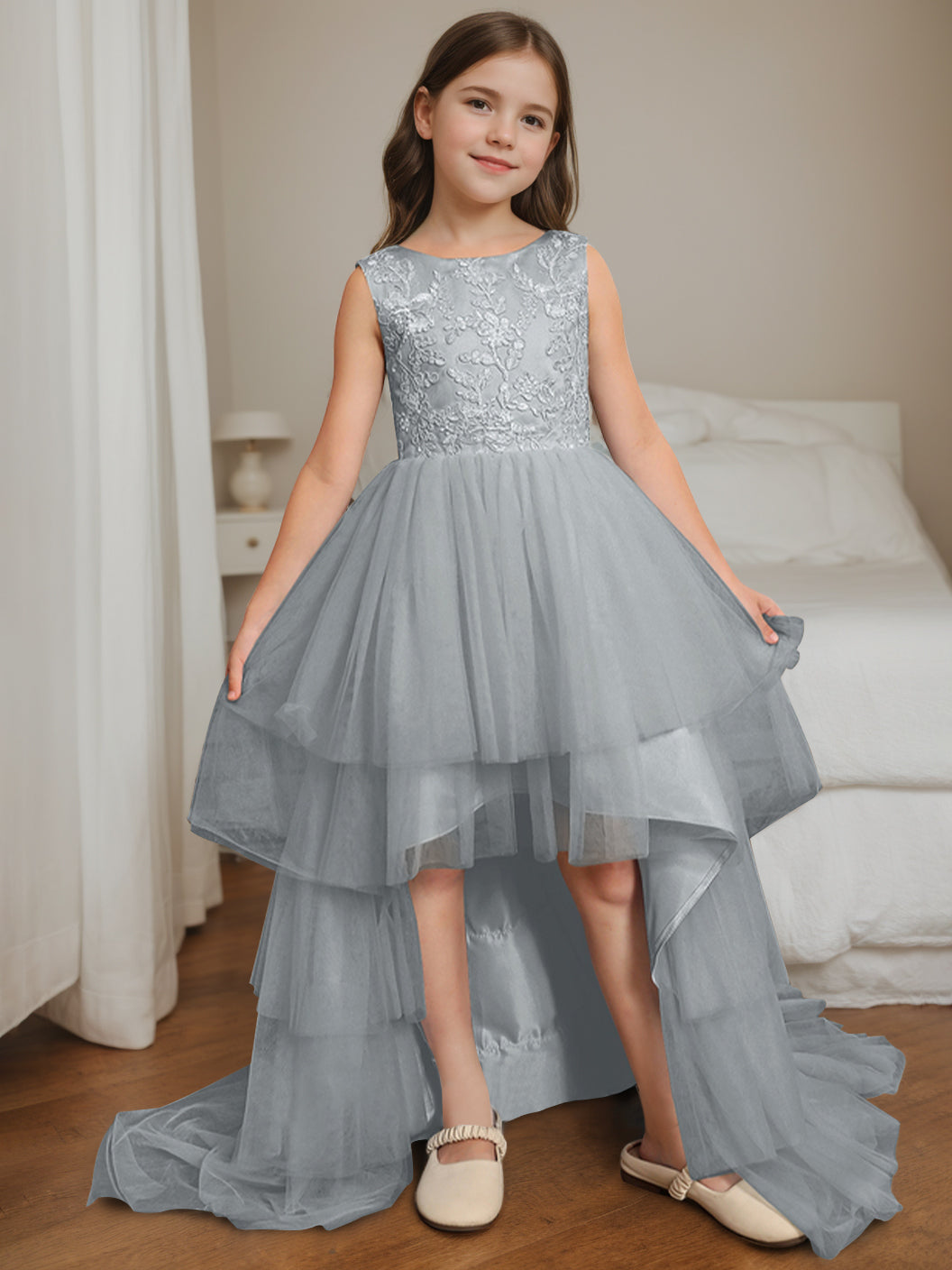 Robe de Bal Asymétrique à Col Rond et Sans Manches pour Demoiselle D'Honneur avec Nœud