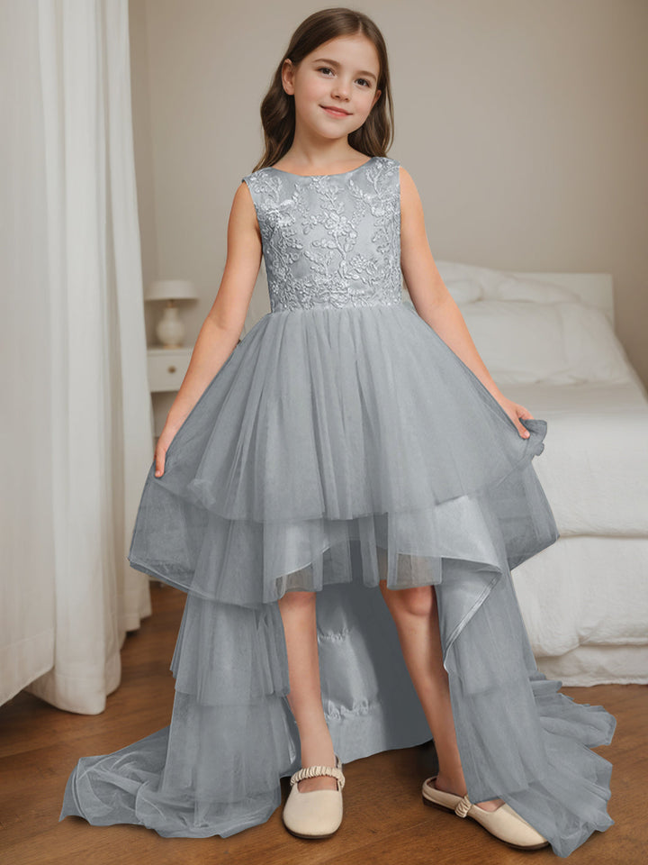 Robe de Bal Asymétrique à Col Rond et Sans Manches pour Demoiselle D'Honneur avec Nœud