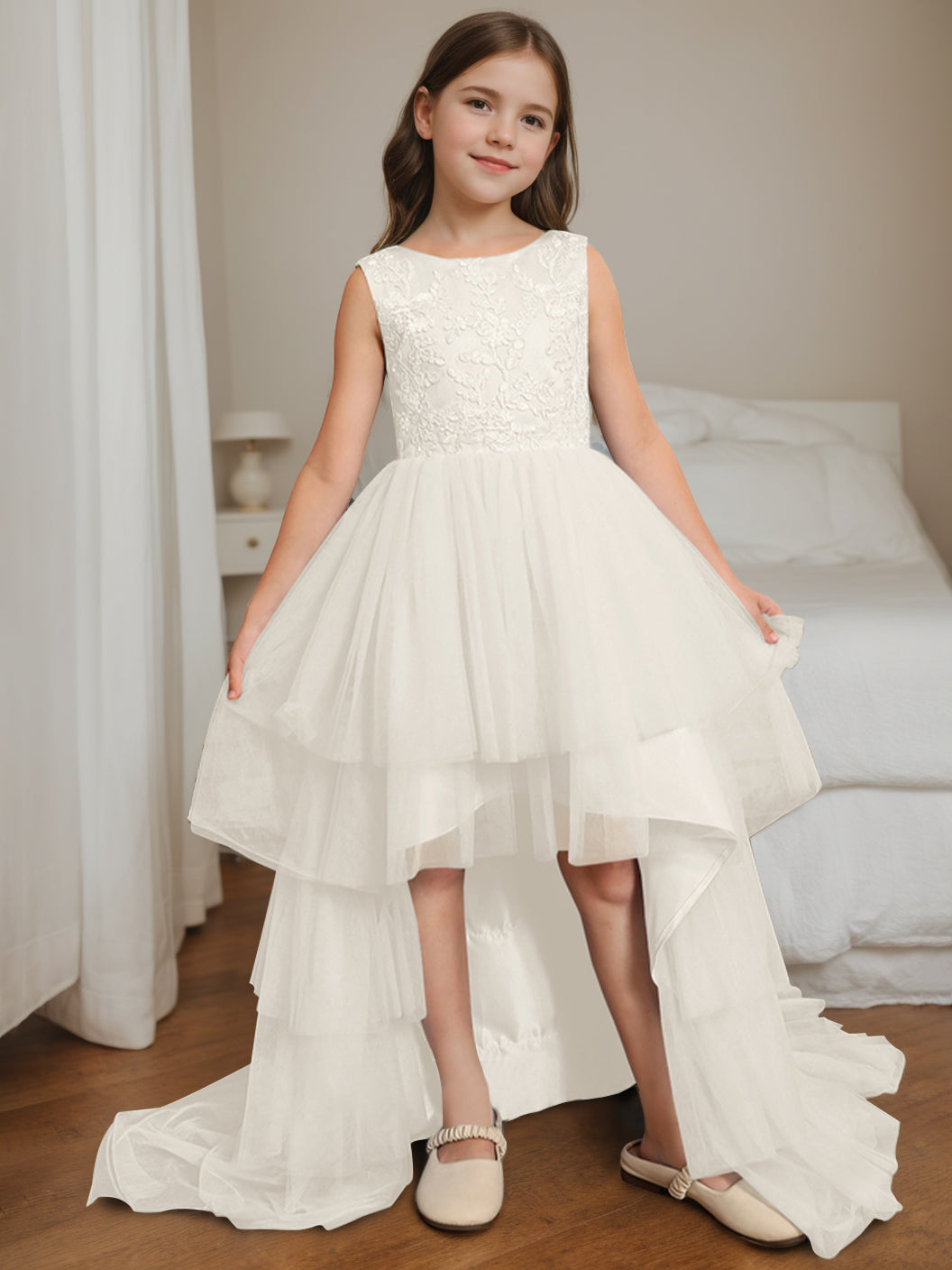 Robe de Bal Asymétrique à Col Rond et Sans Manches pour Demoiselle D'Honneur avec Nœud
