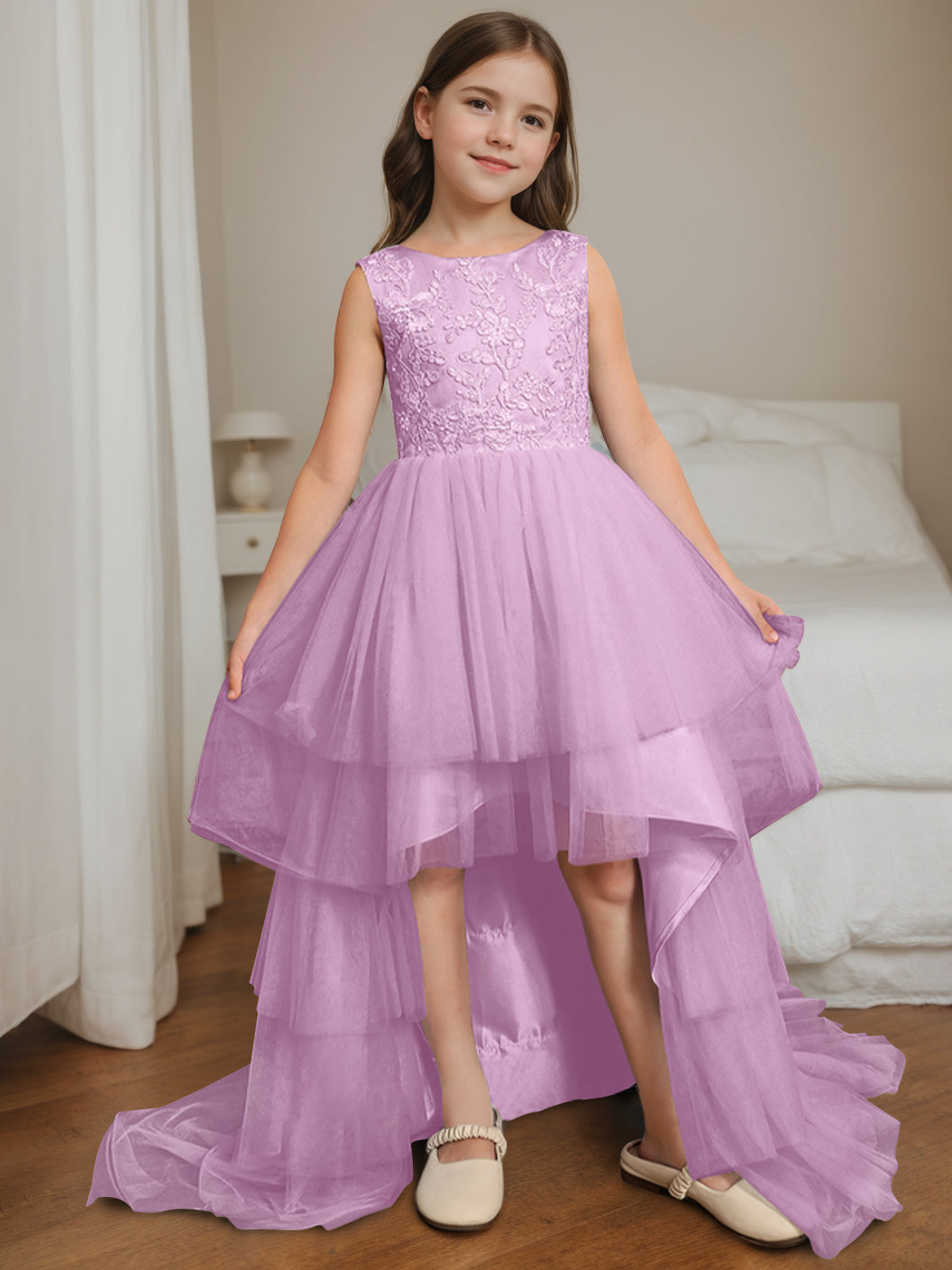 Robe de Bal Asymétrique à Col Rond et Sans Manches pour Demoiselle D'Honneur avec Nœud